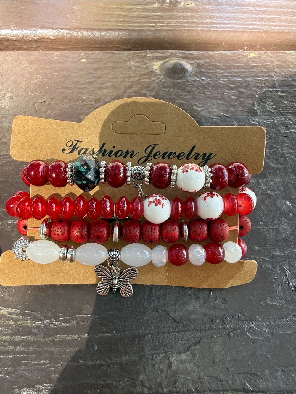 Red and White Beaded Bracelet Stack with  Charms